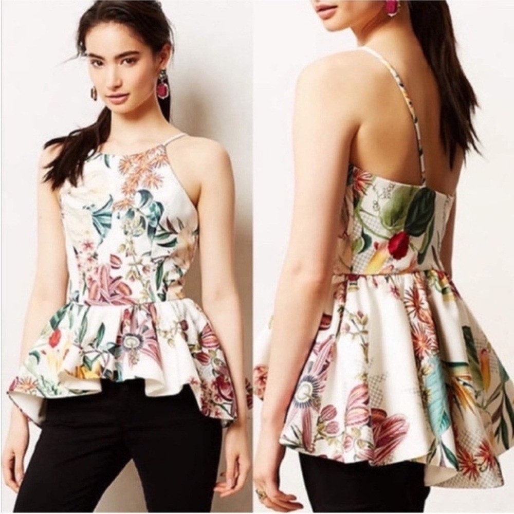 Anthropologie Cameo Dahlia Peplum Floral Tropical Spaghetti Strap Top Size XSP